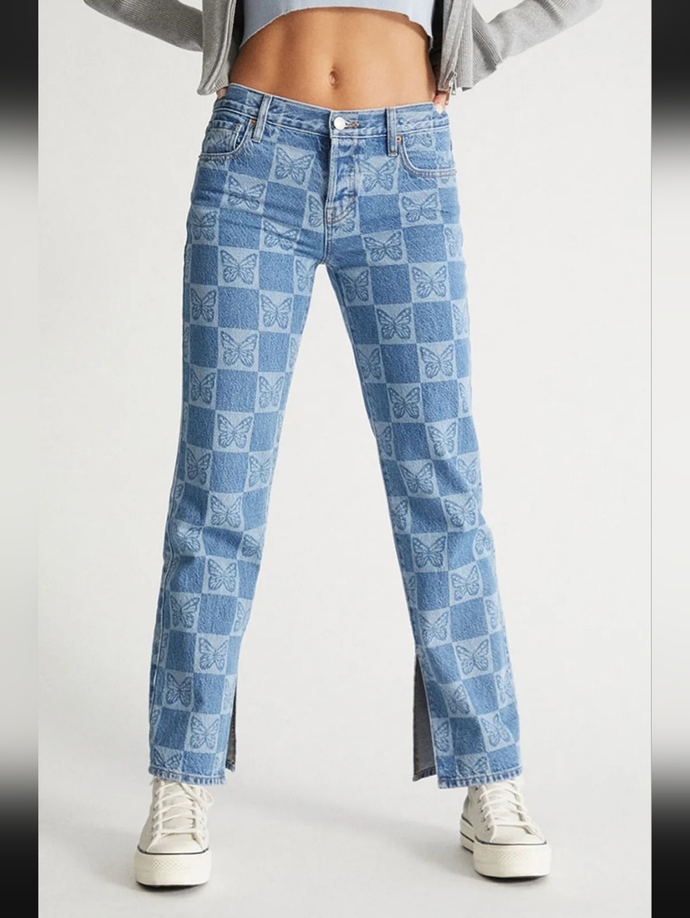Pacsun Checkboard Low Rise Blue Butterfly Print Jeans Size 23 Call Out